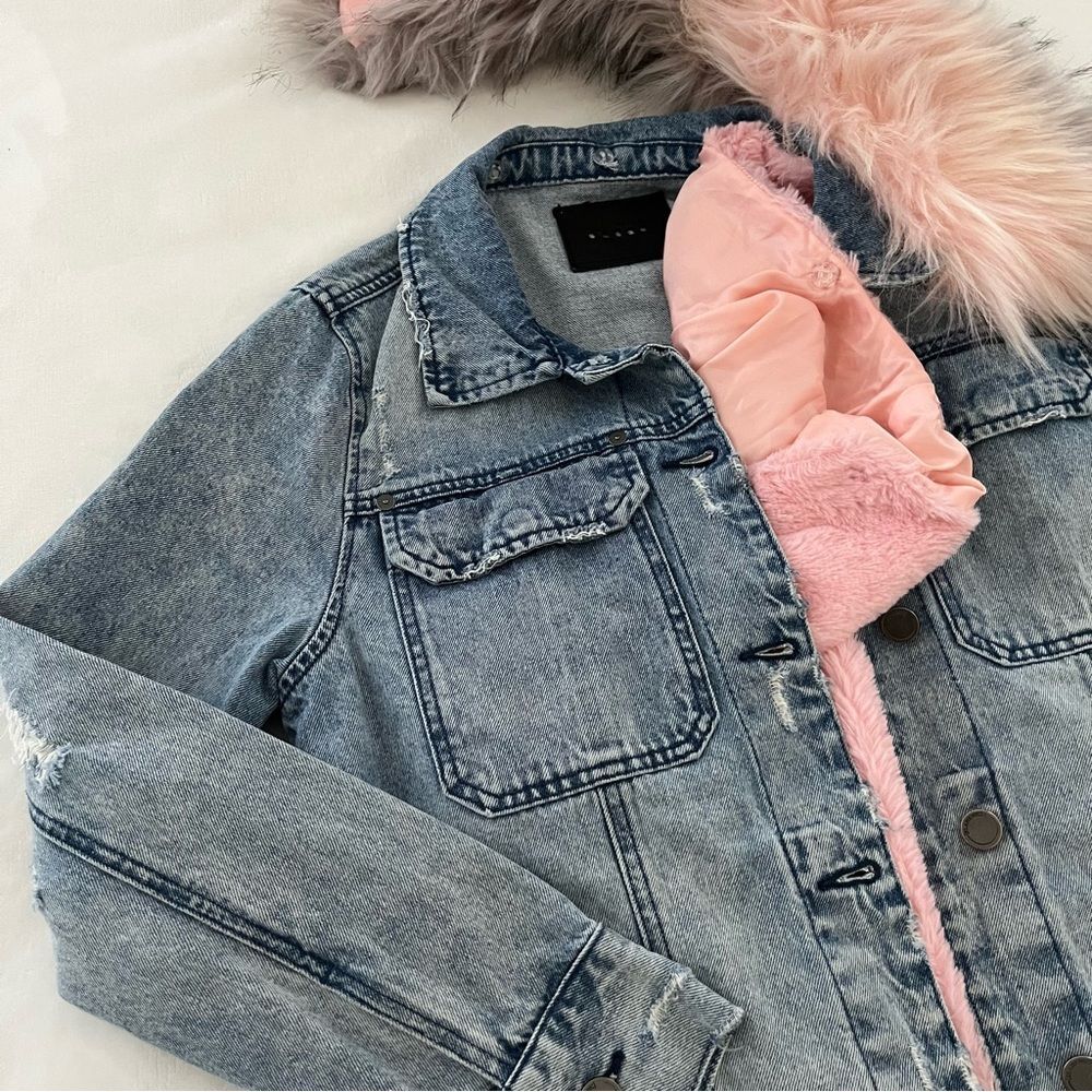Blank NYC Pink Faux Fur Collar/Lined Snowflake Denim Jacket, Size XS - Picture 12 of 16